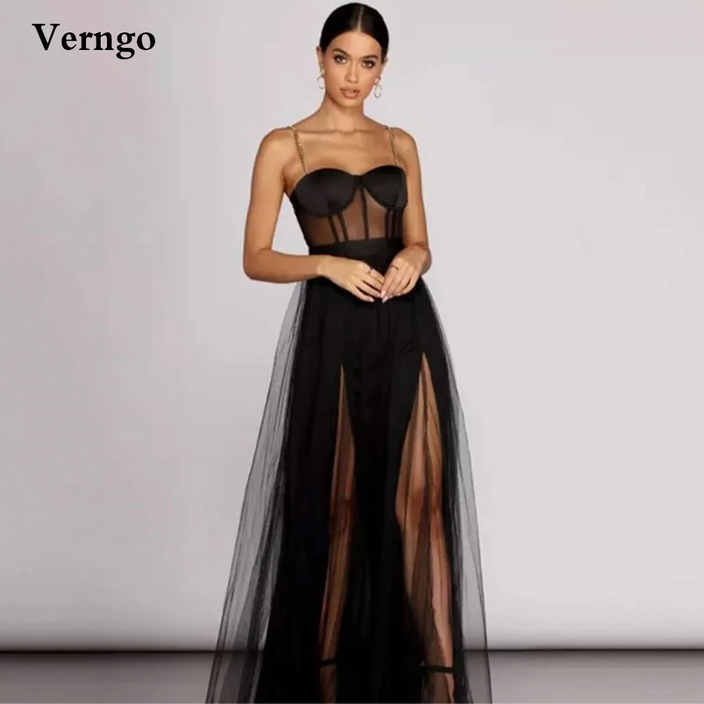 

Verngo Fashion Black Tulle Spaghetti Straps Prom Dresses Side Slit Floor Length Women Long Party Evening Gowns Event Occasion