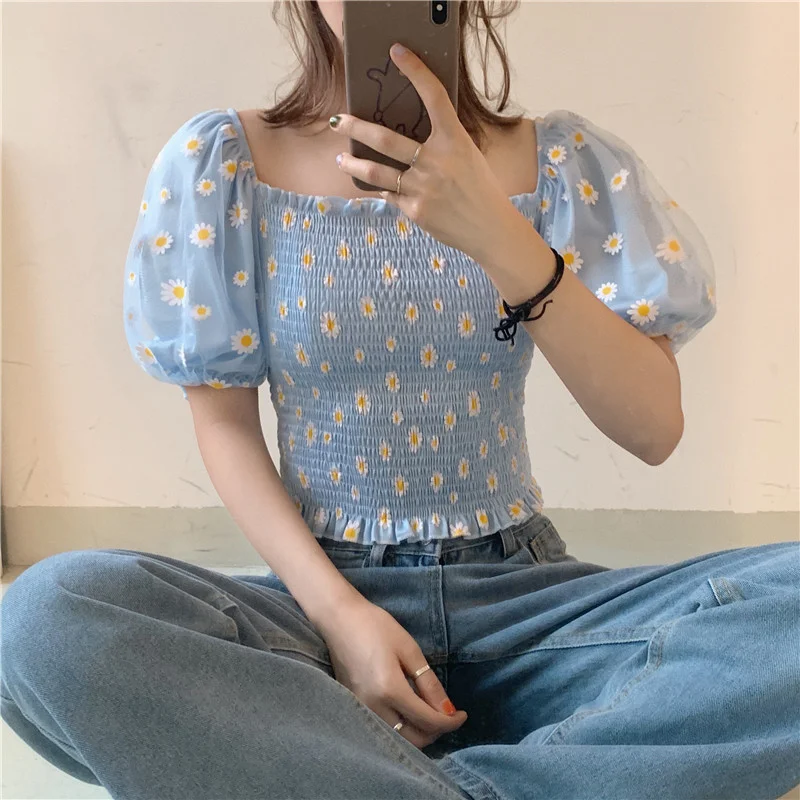 

Cute Little Daisy Shirts Women Summer Sweet Floral Tops Skinny Slash Neck Puff Sleeve Slim Short Tee Y2k Aesthetic Women Clothes