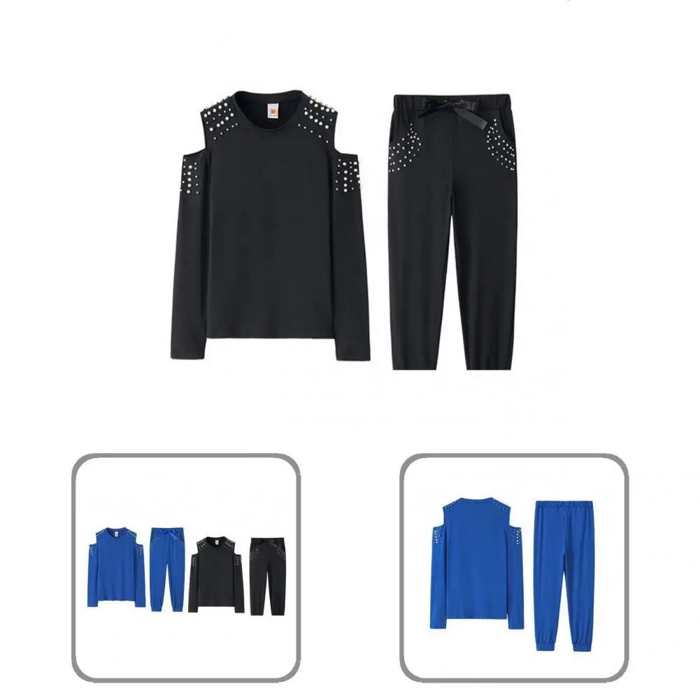 

Top Pants Set Elastic Waist Warm Pockets Beading Decor Solid Color Sporty Outfit Women Outfit for Office