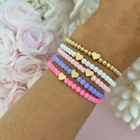 5pcsset cute solid color beads heart bracelets bohemia gold color beaded acrylic bracelet for women charms elastic rope jewelry