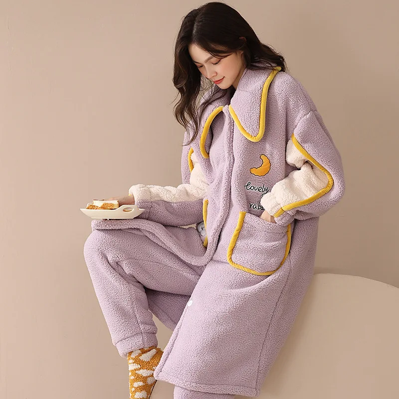 Plush pajamas women's autumn and winter Lapel warm cardigan long sleeve trousers leisure home suit