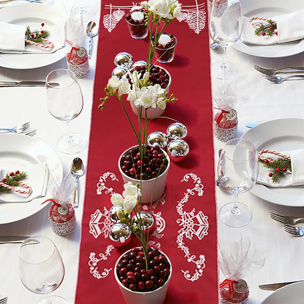 OHEART Red Christmas Table Runner Embroidered Holly Leaf Tree Elk Ranner Gift Holiday Decorations New Year | Дом и сад