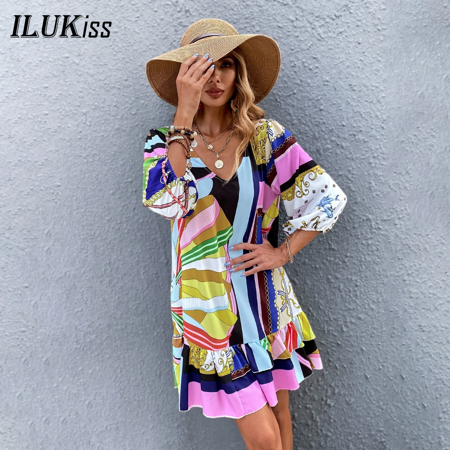 

Повседневное свободное мини-платье, женские летние сексуальные платья с рукавом три четверти и V-образным вырезом и цветочным принтом, элег...