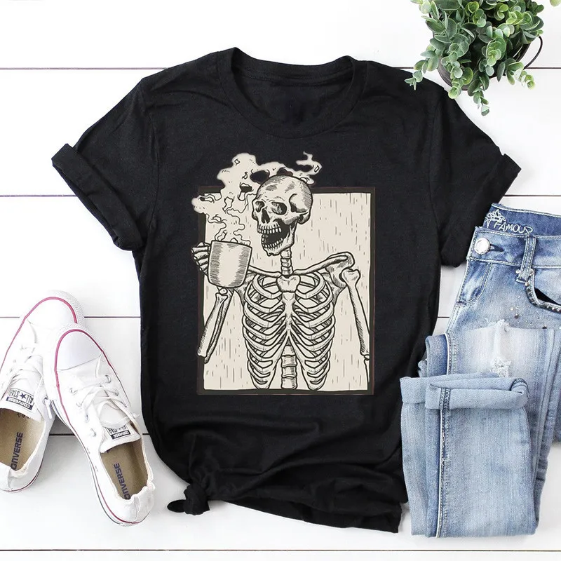 

Halloween Coffee Drinking Skeleton Skull Shirt Women's Short Sleeve Tees Fashion Cotton O Neck Female Clothing Plus Size Casual