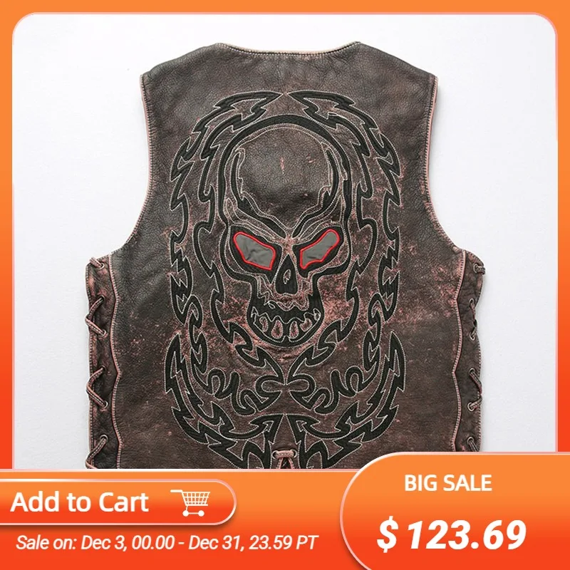 

Винтажный коричневый мотоциклетный жилет с вышивкой в виде черепа, мужской короткий жилет из натуральной воловьей кожи размера плюс 5XL, 2021
