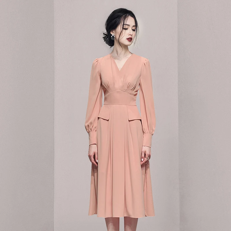 

Slim Long Party Dress Vintage Pink Long Sleeve V-neck Waist Long Dress 2021 New Elegant Formal Work Dress