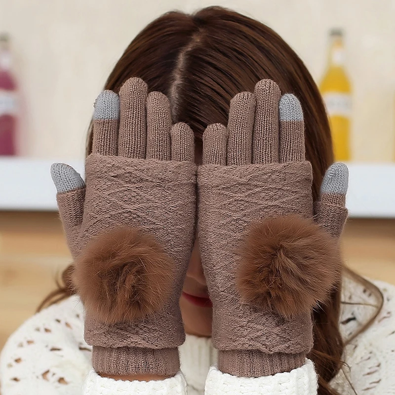 Зимние плотные теплые шерстяные перчатки для женщин и девушек, новые модные мягкие шаровые рукавицы с помпоном для украшения, перчатки на запястье, шикарный аксессуар - Цвет: A-7