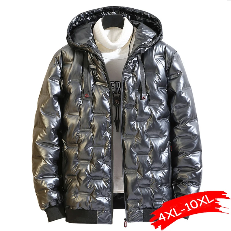 8XL 9XL 10XL Big Size Glossy Parka Jacket Man Women Unisex Thick Warm Winter Coat Hooded Bright Black Parkas 150Kg Can Wear