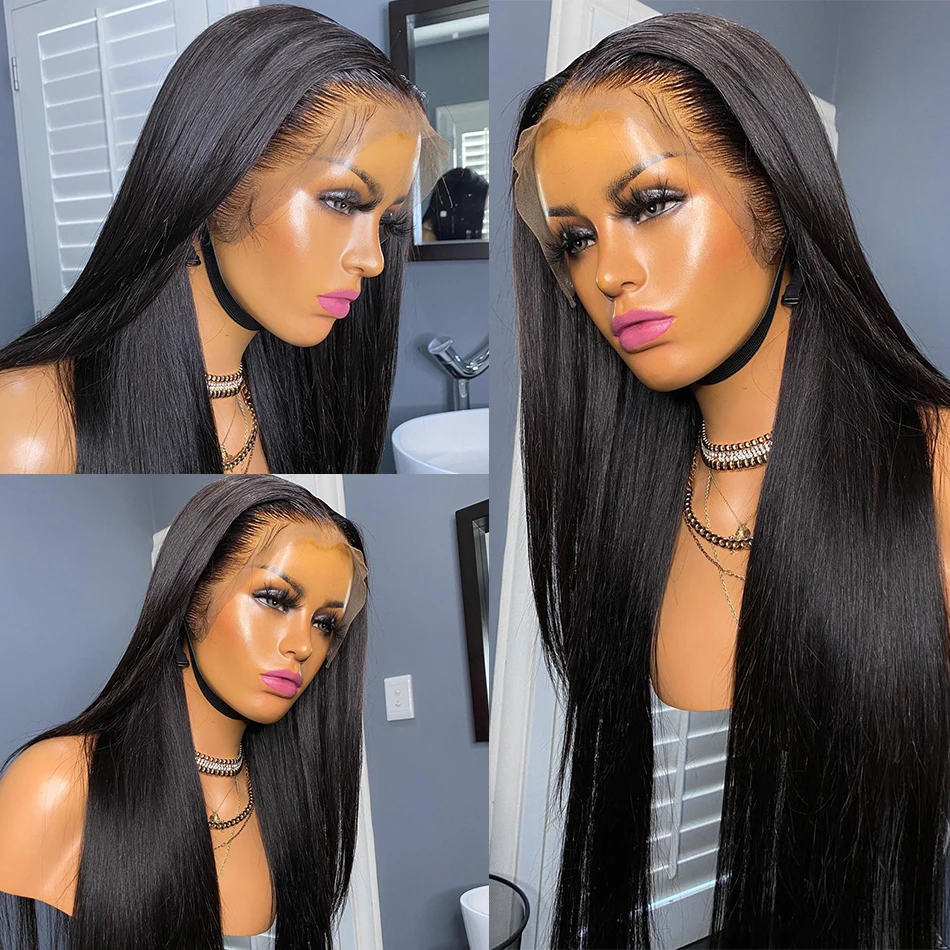 

Middle Ratio Natural Black Long Straight 13x4 Lace Front Fiber Hair Wig 150% Density Synthetic Hair PrePlucked Baby Hair Daily