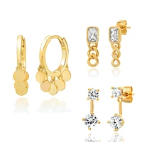 korean fashion zircon hoop pendant earrings for women gold color rectangle chained piercing stud earrings unusual female jewelry