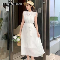 ecrurani casual dress for women bowknot sleeveless hollow out high waist tunic slim solid dresses female summer new clothes 2021