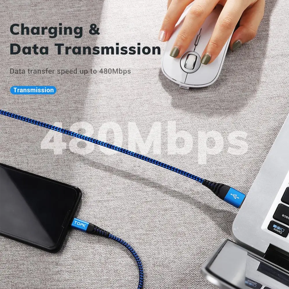 TOPK AN24 3 Packs Micro USB Type C Cable 3A Fast Charging for Samsung Xiaomi Mobile Phone Type-C Data Cable USB-C