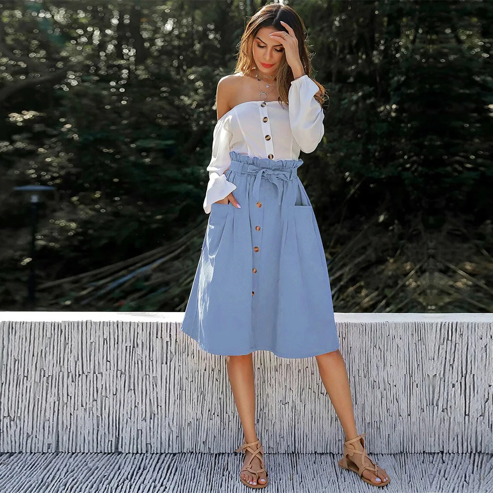 

Newest 2020 Skirts Summer Women's Ruffles Button High Waist Skirts Loose Pocket Bandage Casual Skirts