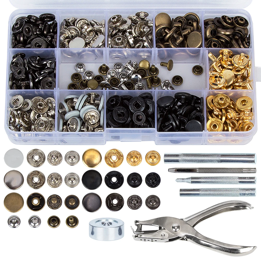

120pcs Snap Fasteners + 20pcs Double Cap Rivet Button + 6pcs Fixing Kit Sewing Accessories DIY Tool For Leather/Cloth/Wallet etc