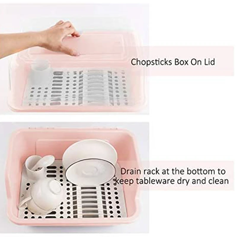 

Plastic Dish Drying Rack with Drain Board Dustproof Kitchen Storage Box Organizer with Lid Cover Cutlery Utensil Holder
