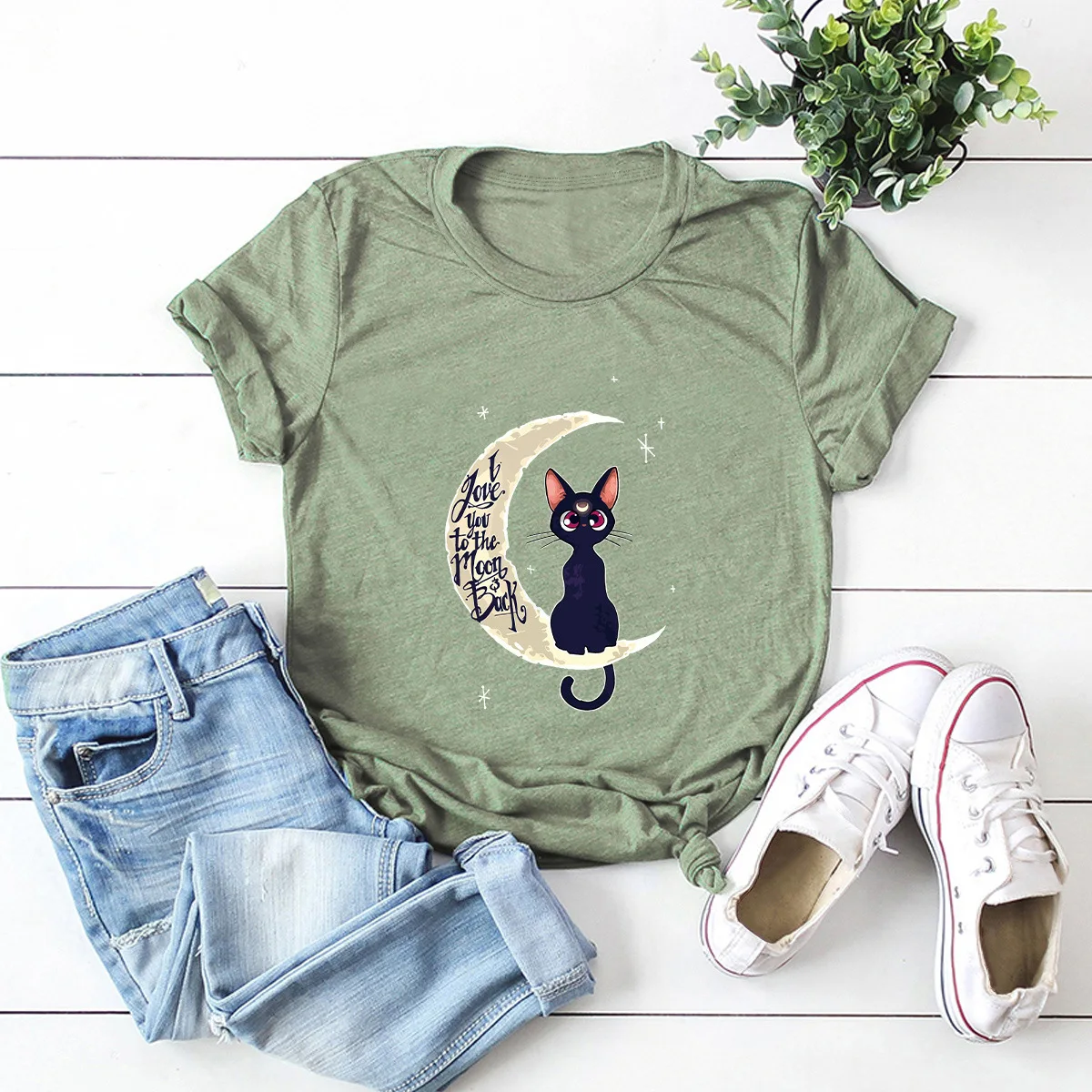 

T-Shirt New Moon Cat Print Woman T Shirt Casual 100%Cotton Women Tshirt Female Short Sleeve Tees Summer Mujer Tops