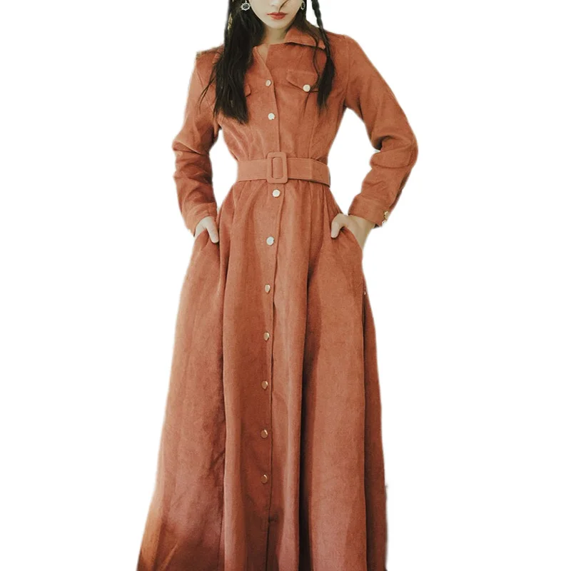 Женское винтажное платье на осень и зиму цвета хаки Longo Vestidos, женское платье с отложным воротником и рукавом 3/4, вельветовое платье-рубашка с карманами S-XL - Цвет: Long Sleeve