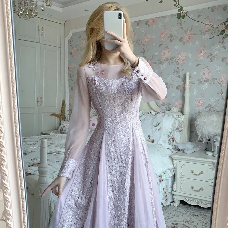 

Women Solid Dress High Waist A-Line Long Sleeve O-neck Mid-Calf Lace Chiffon Mesh New Autumn Vintage Woman Slim Dresses