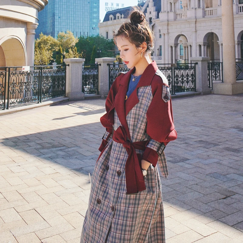 

Fashion England Style Long Trench Coat Women Double-Breasted Plaid Patchwork Duster Coat For Lady Spring Autumn Outerwear Cloak