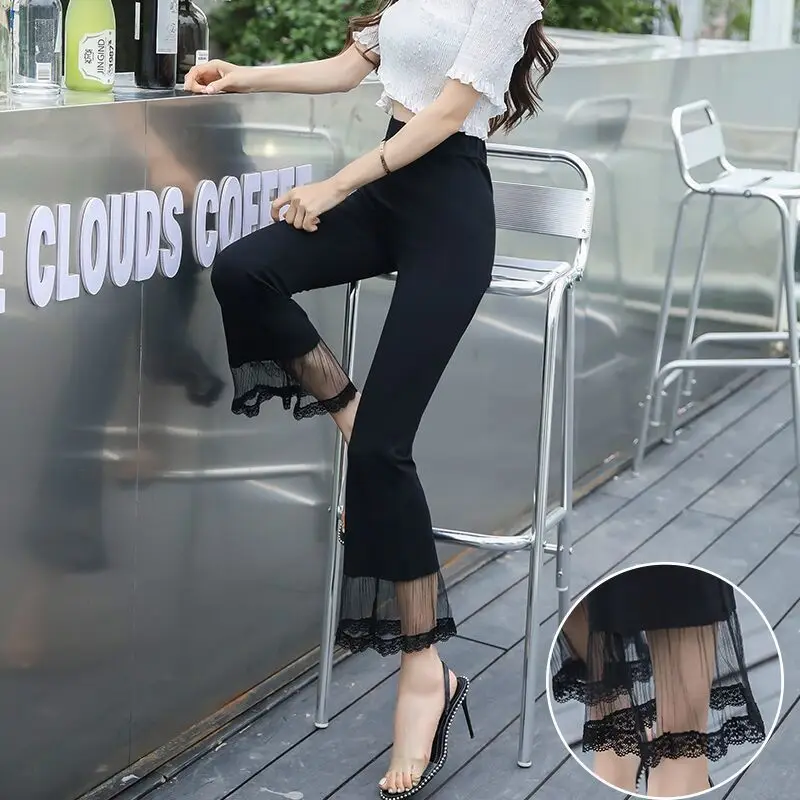 

2020 summer new elastic waist black casual tight high waist stretch lace pants student micro-stretch pants women