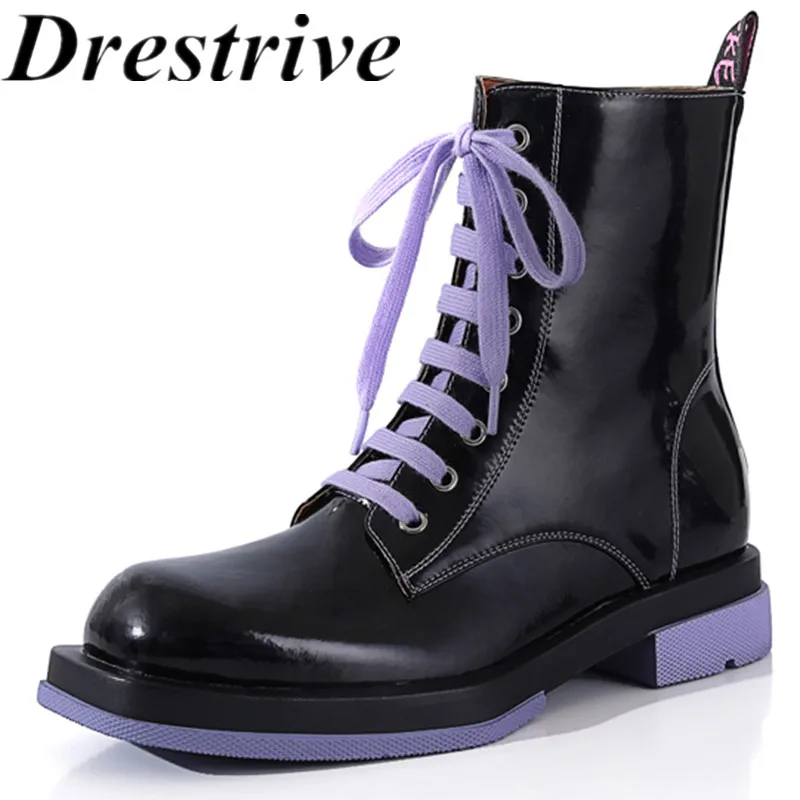 

Drestrive Women's Ankle Boots Low Heels Lace Up Square Toe Cow Leather 2020 Fashion Winter Shoes Black Cross Tied Platform