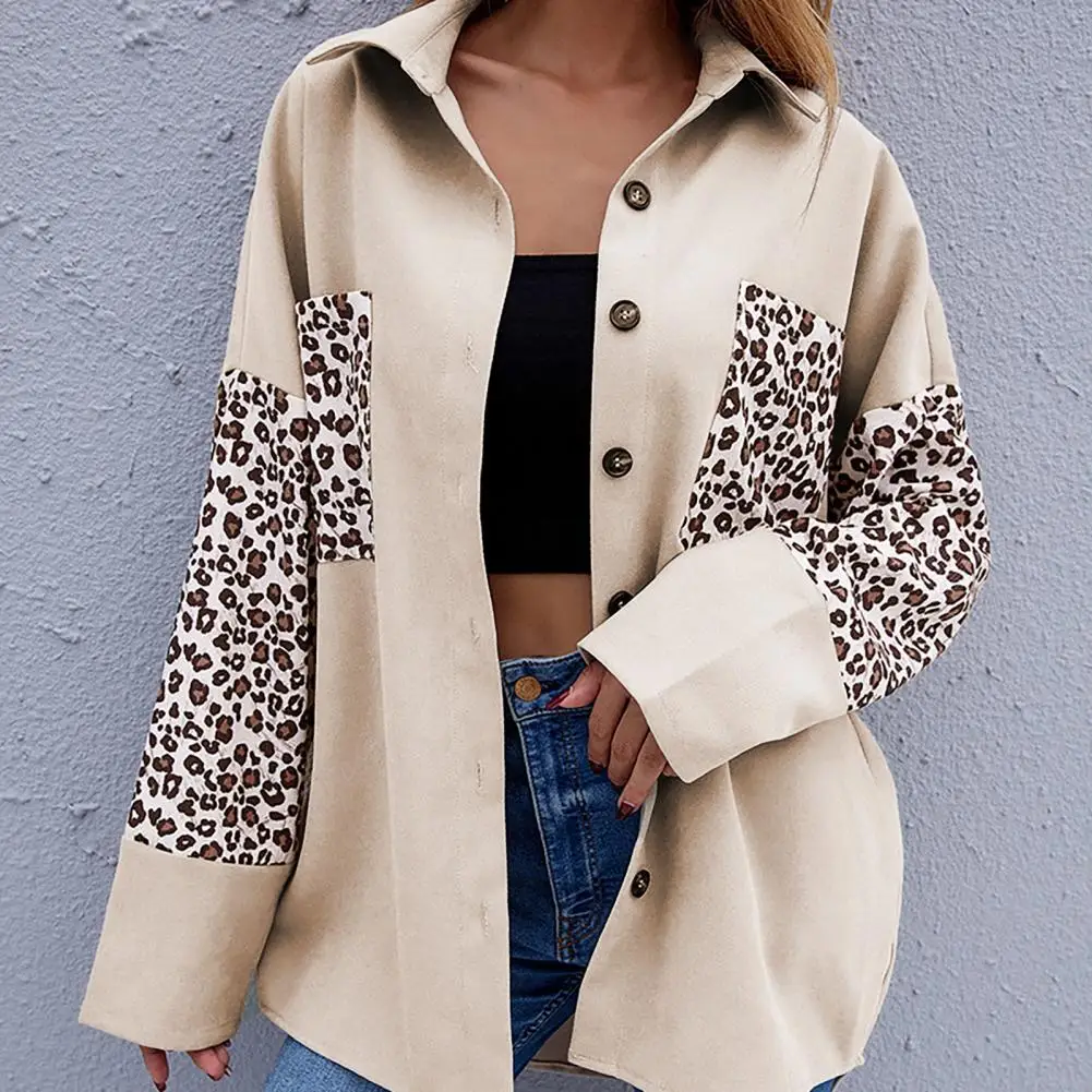 

Leopard Patchwork Women Shirt Turn-down Collar Long Long Sleeve Pockets Autumn Shirt Blouse