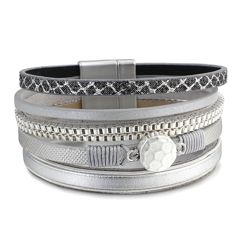 Amorcome из змеиной кожи кожаные браслеты нержавеющей стали для женщин 2020 модный