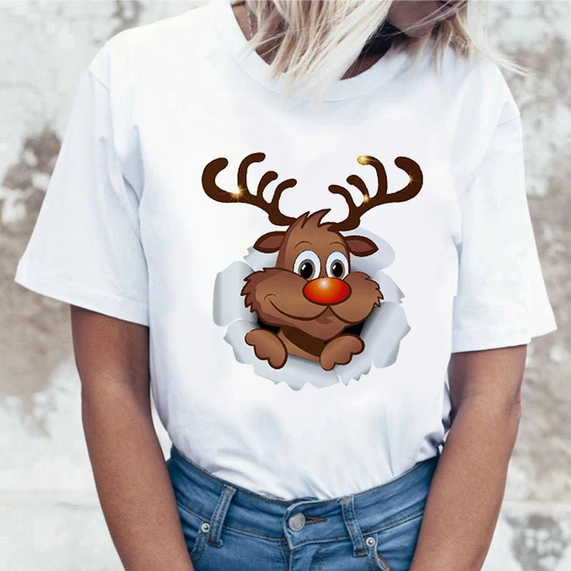 

Christmas theme Print T shirt Women Fashion Tshirt O neck Short Sleeve Harajuku T shirt White Tops Female Tops
