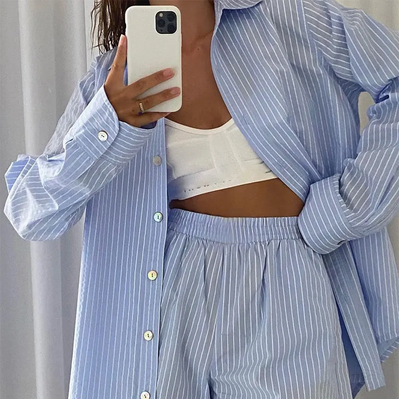 

Loung Wear Tracksuit Women Shorts Set Stripe Long Sleeve Shirt Tops And Loose High Waisted Mini Shorts Two Piece Set 2021