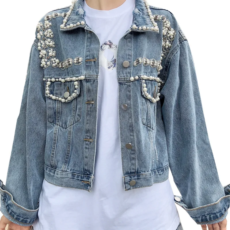 

2020 Autumn Streetwear Pearl Beading Short Denim Jackets Women Wash Long Sleeve Vintage Casual Jean Jacket Bomber Denim Coat