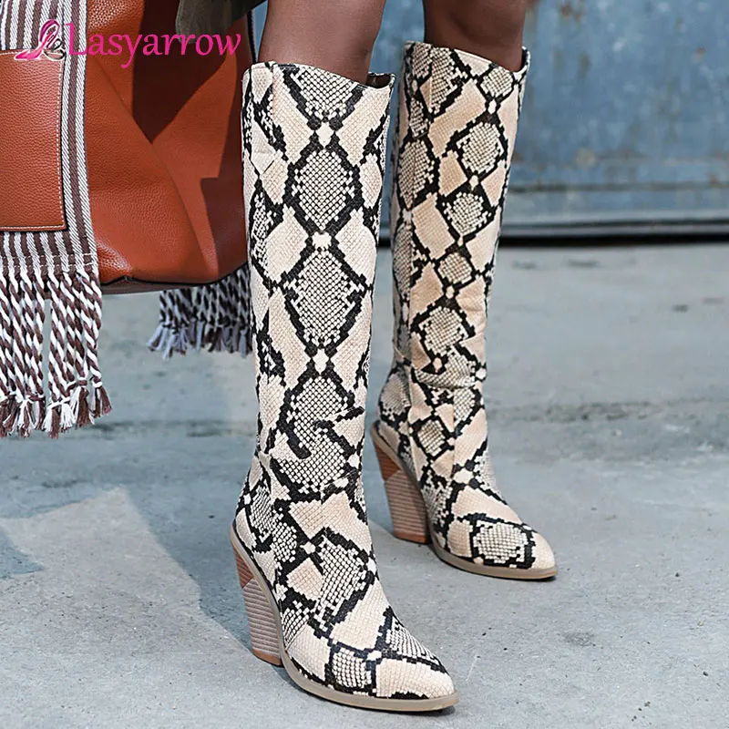 

Lasyarrow Western Cowboy Knee High Boots Snake Print Women Boots Fashion Strange Style High Heel Boots Autumn Winter Woman Shoes