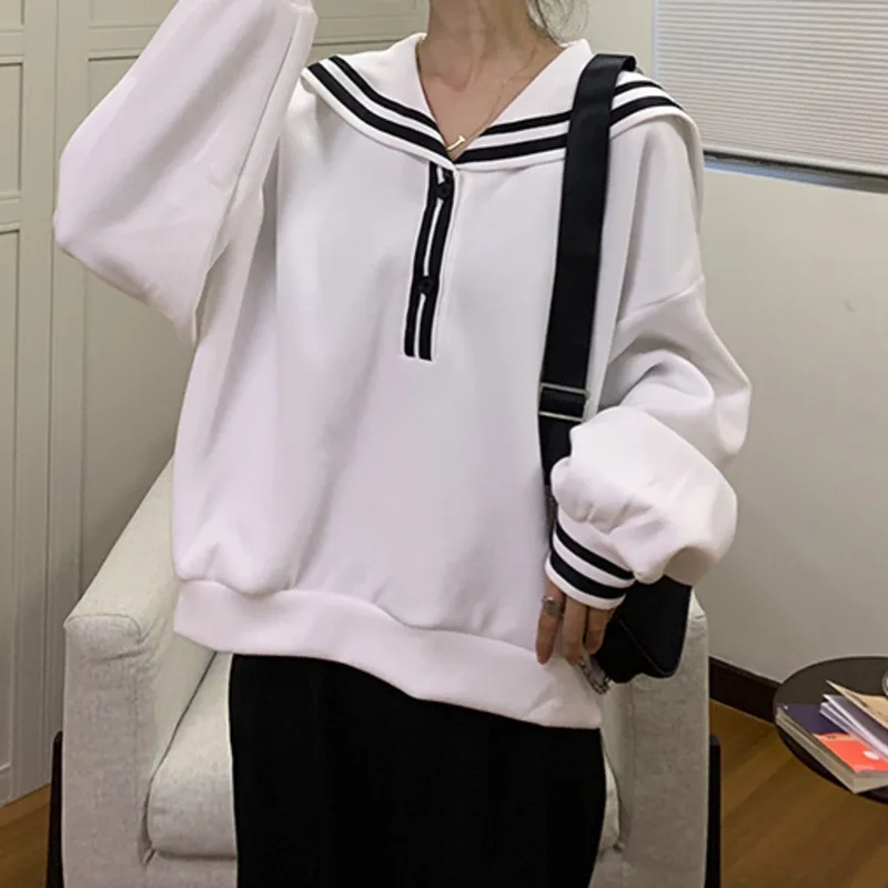 

Early Spring Autumn Thin 2021 Women's Sweater Fashion Korean Chic Navy Collar Loose Coat Top Rac