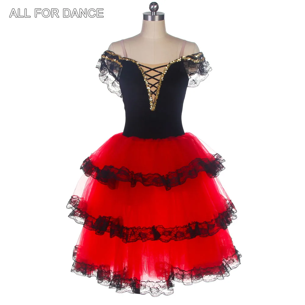 20511 Off-the-Shoulder Red Spanish Dress For Adult Girls Long Romantic Ballet Tutus Performance Tutu Costumes Ballerina Dresses
