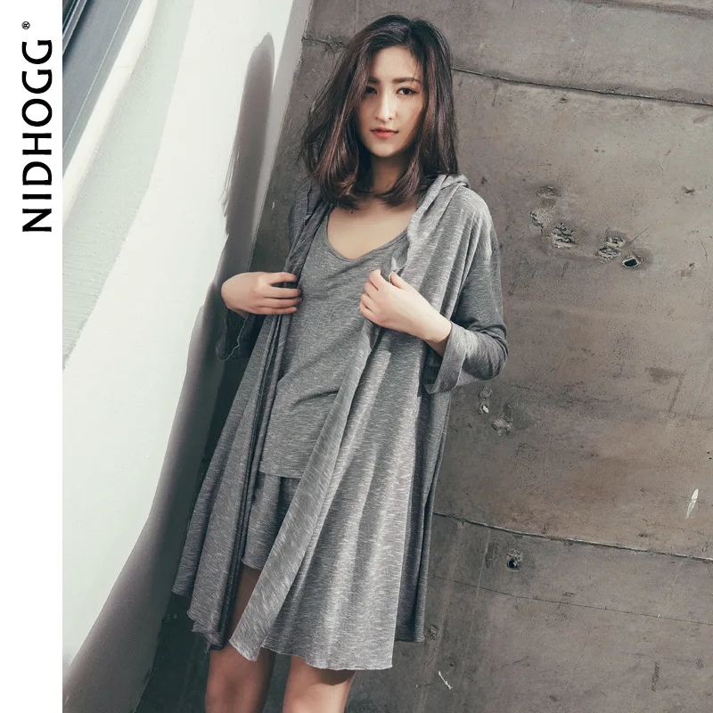 

Spring Suspenders Shorts Nightgowns 3-piece Pajamas Long Sleeve Solid Viscose Loungewear Soft Loose Women Pijama Sexy Sleepwear