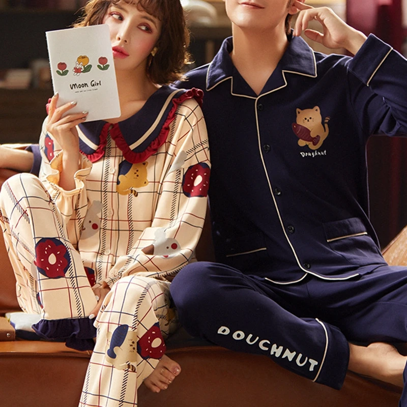 

2021 Spring Autumn Men Women Couples Cotton Pajamas Long Sleeve Cotton Pajama Set Long Pants Pajamas Sleepwear Suit Homewear