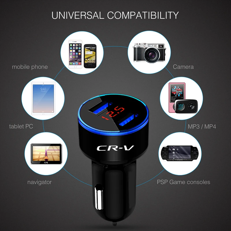 

Aluminum Alloy Led Dual Usb Digital Display Car Charger Display 12-24V Socket for Honda CRV 5th Accessories 2017 2018 2019 2020