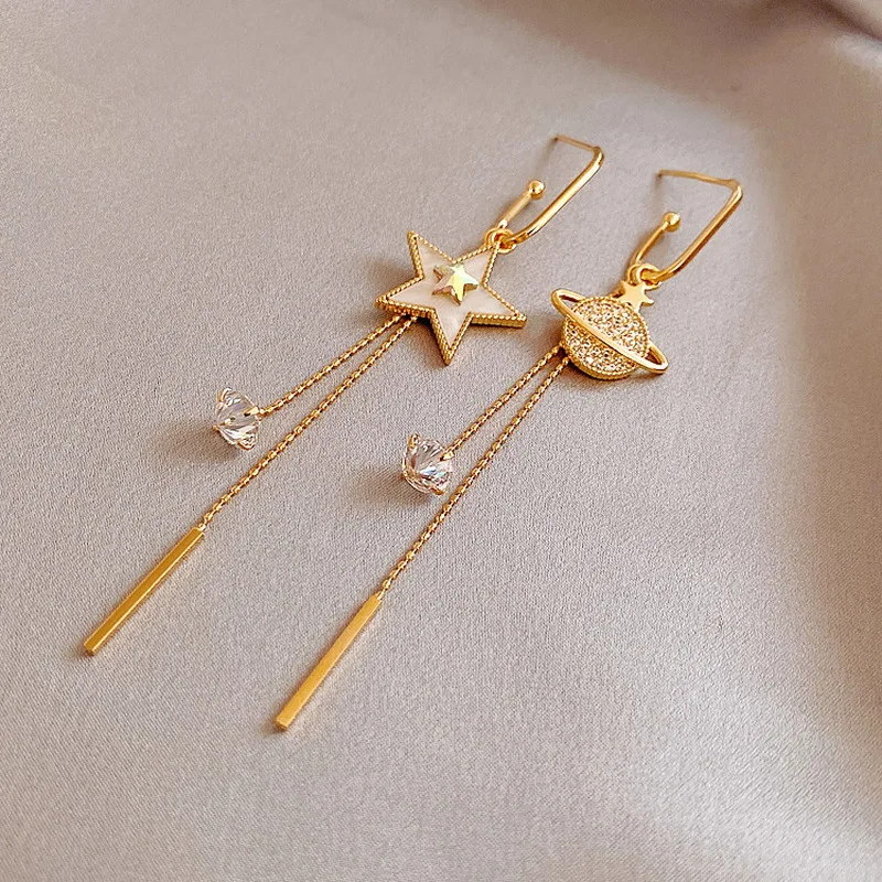 

New Korean Gold Color Star Planet Drop Earrings for Women Fashion Long Tassel Crystal Pendant Ear Wire Earring Jewelry Wholesale