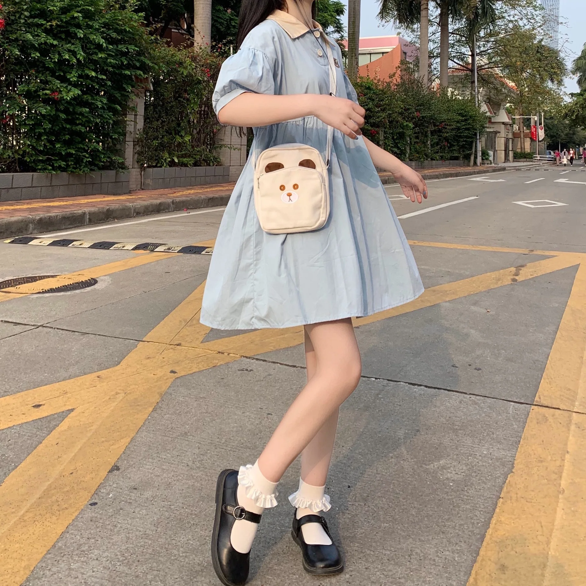

Japan Style Dress Student Cartoon Bear Print Puff Sleeve Turn-down Collar Kawaii Dress Women Summer A-Line Mini Dress Plus Size