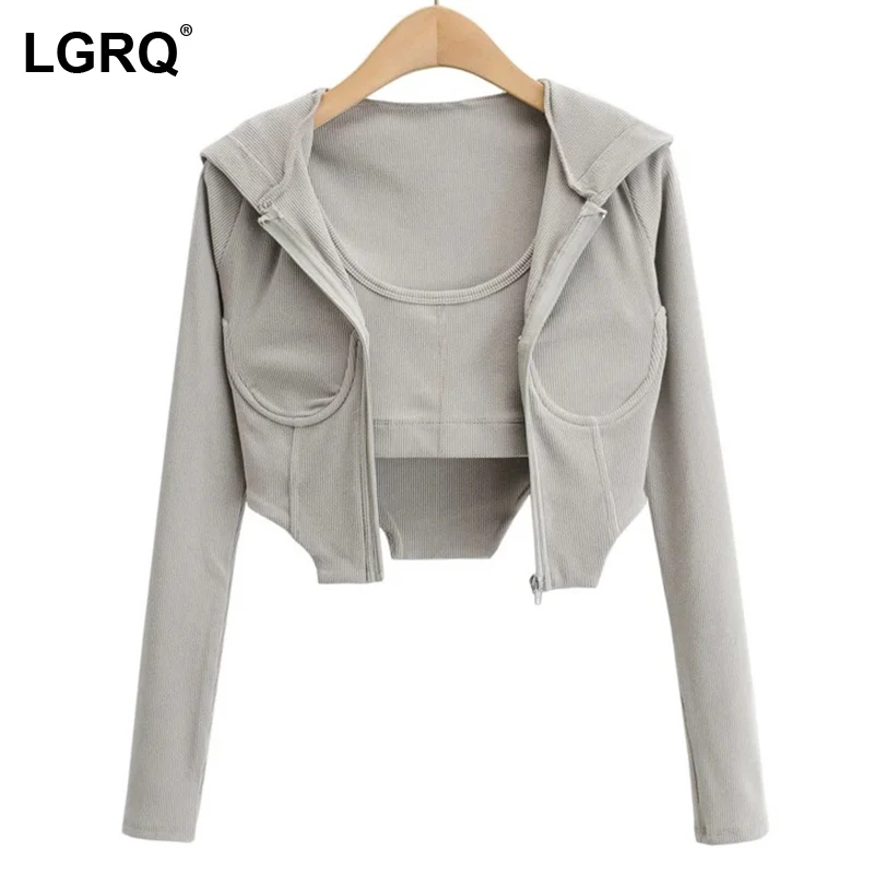 

[LGRQ] Women's Elasticity Sling Sweatshirt New Hooded Neck Long Sleeve Zipper Design Fashion Tide Spring Winter 2021 19D4421
