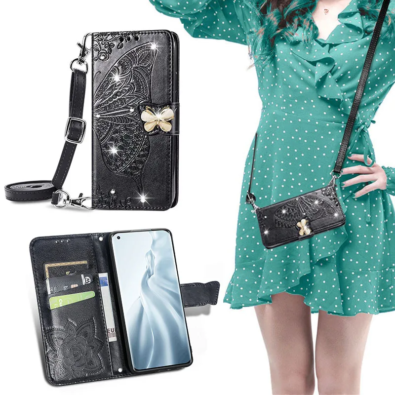 

Бумажник для карт через плечо ремешок бумажник чехол для Samsung Galaxy Note 8 9 10 20 S20 FE S21 ультра S8 S9 S10 рlus Lite Блеск Алмазный чехол для iPhone X