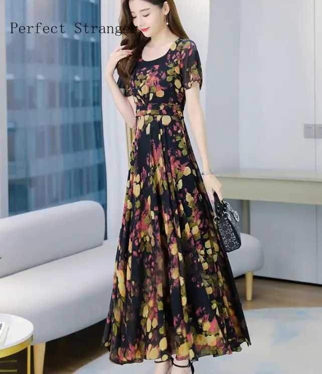 2021 Summer High Quality Elegant V Collar Short Sleeve Flower Printed Collect Waist Woman Chiffon Long Dress M-4XL | Женская одежда