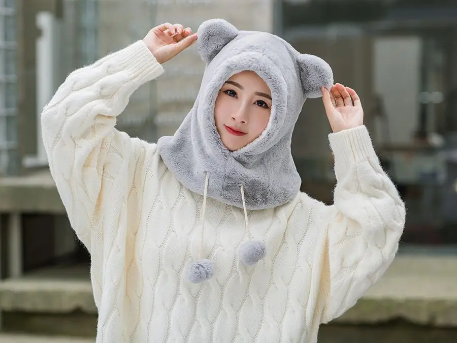 PLOERMIN новые милые Мультяшные уши Skullies Beanies кроличий мех вязаные шапки зимние толстые теплые мягкие Твердые крышки Зимние женские шапки