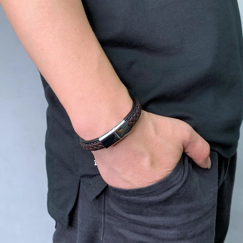 Кожаные браслеты для мужчин коричневый черный плетеный кожаный Шарм застежка из