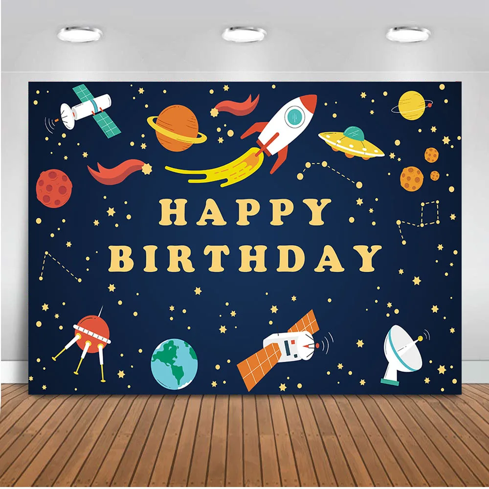

Happy Birthday Backdrop for Photography Astronaut Theme Party Decoration Newborn Baby Background for Photo Booth Studio Props