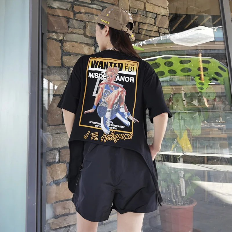 

Летняя женская футболка с асимметричными буквами, модный топ с высокой талией и коротким рукавом в уличном стиле, топ оверсайз с рисунком ба...