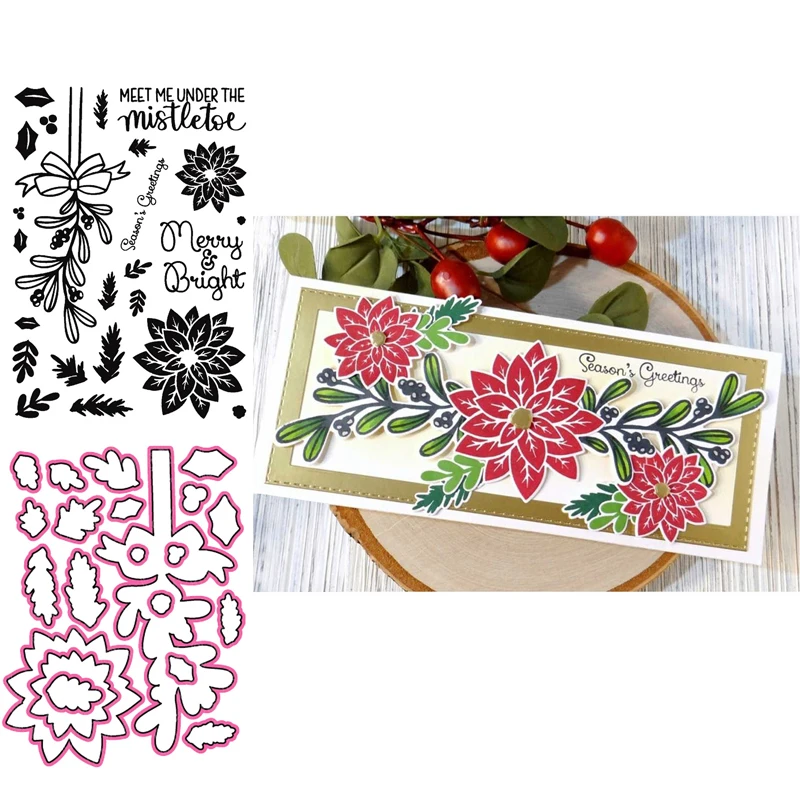 

Mistletoe Flowel Clear Stamps with Metal Cutting Dies for Diy Scrapbooking Handmade Paper Cards Silicone Transparent Seal