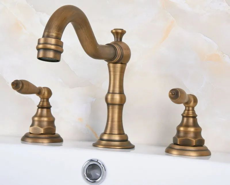 

Retro Vintage Antique Brass Two Handle Deck-Mount 3 Hole Widespread Bathroom Lavatory Vessel Basin Faucet Sink Mixer Tap dan075