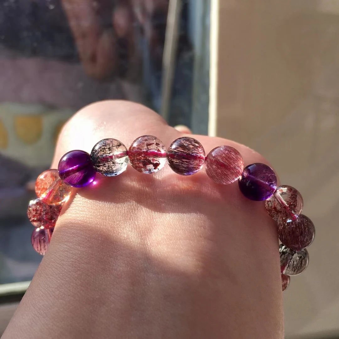 

Genuine Natural Super Seven 7 Red Lepidocrocite Quartz Bracelet 8.8mm Clear Round Beads Stretch Crystal AAAAAA