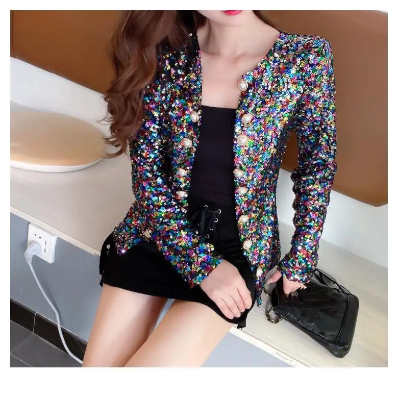 Женская куртка с круглым вырезом и блестками повседневное пальто длинным