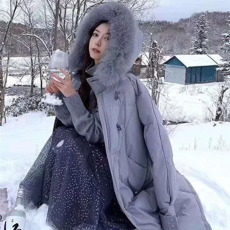 Пуховик женский длинный с большим воротником Модный пуховик в Корейском стиле на